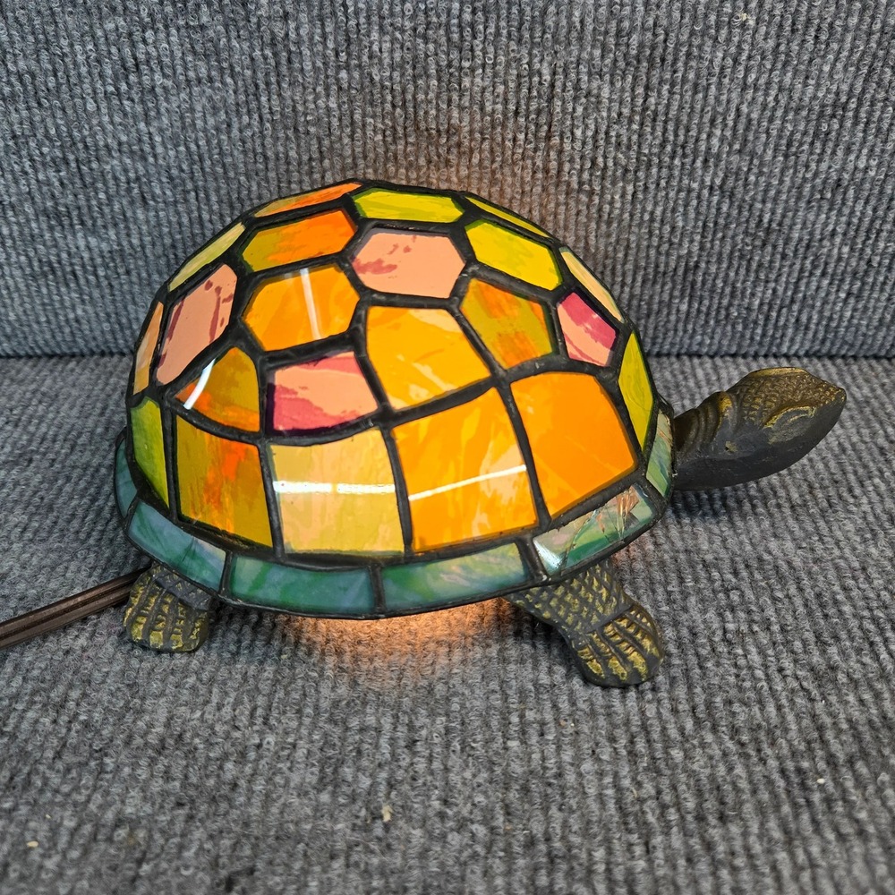 Vintage Tiffany Style Stained Glass Turtle Table Lamp Brass 8" Multicolor - Picture 6 of 8
